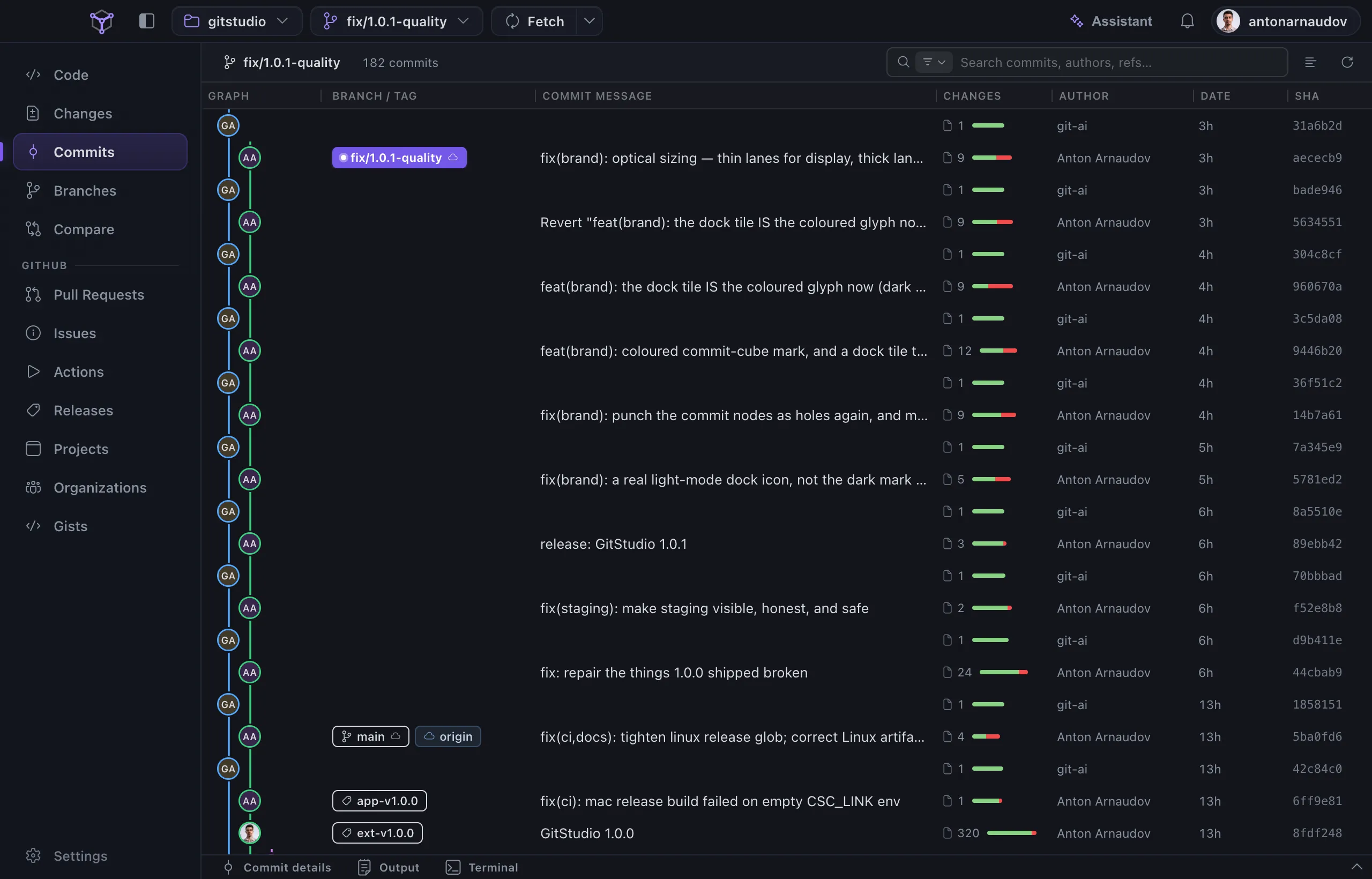 GitStudio Desktop on its own repository: the Commits view with the commit graph, author avatars on the nodes, branch and tag chips, and the terminal dock