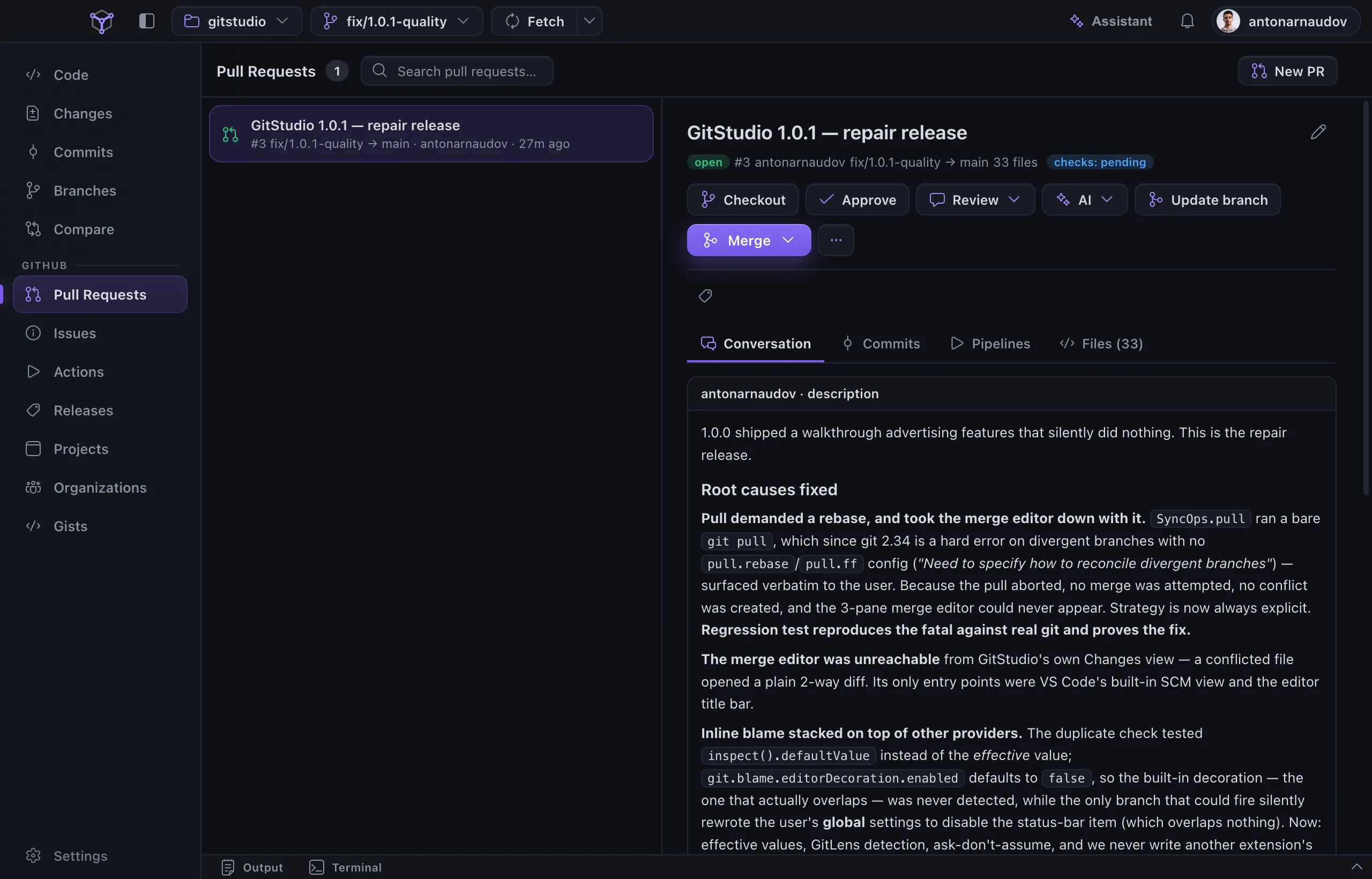 A pull request open in GitStudio Desktop with checkout, approve, review, and merge actions, tabs for conversation, commits, checks, and files, and the rendered description