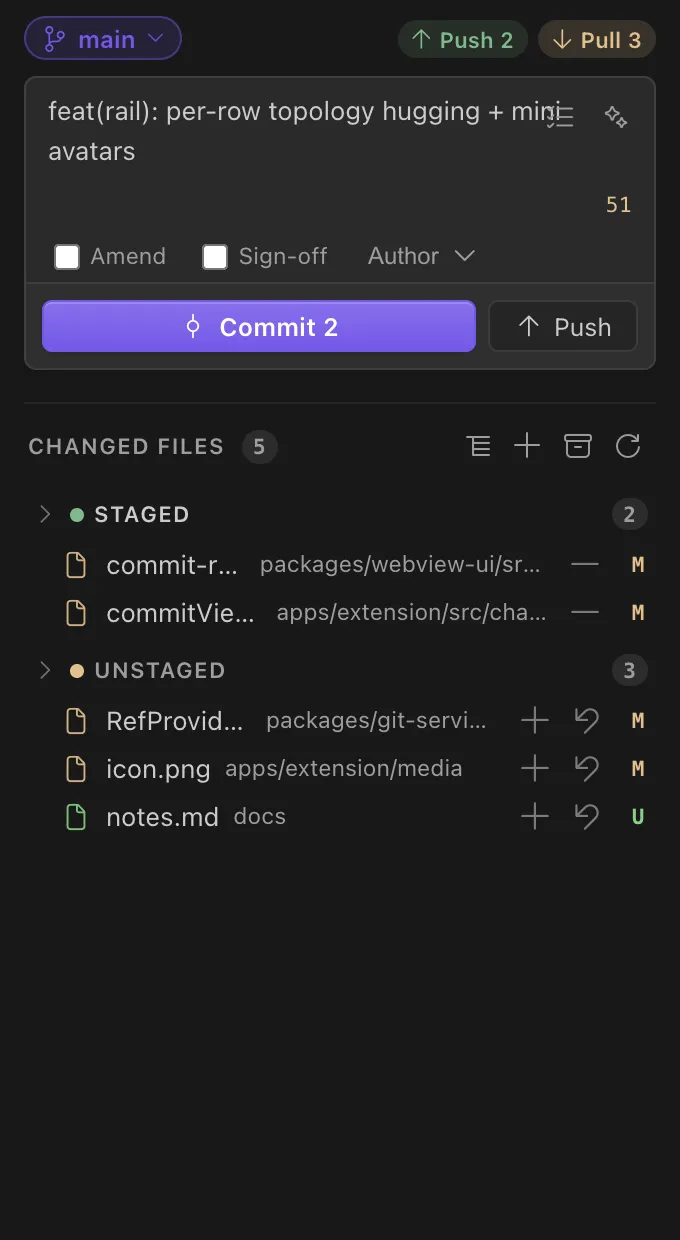 The Changes view: staged and unstaged groups, the guided commit box, and live Push/Pull buttons
