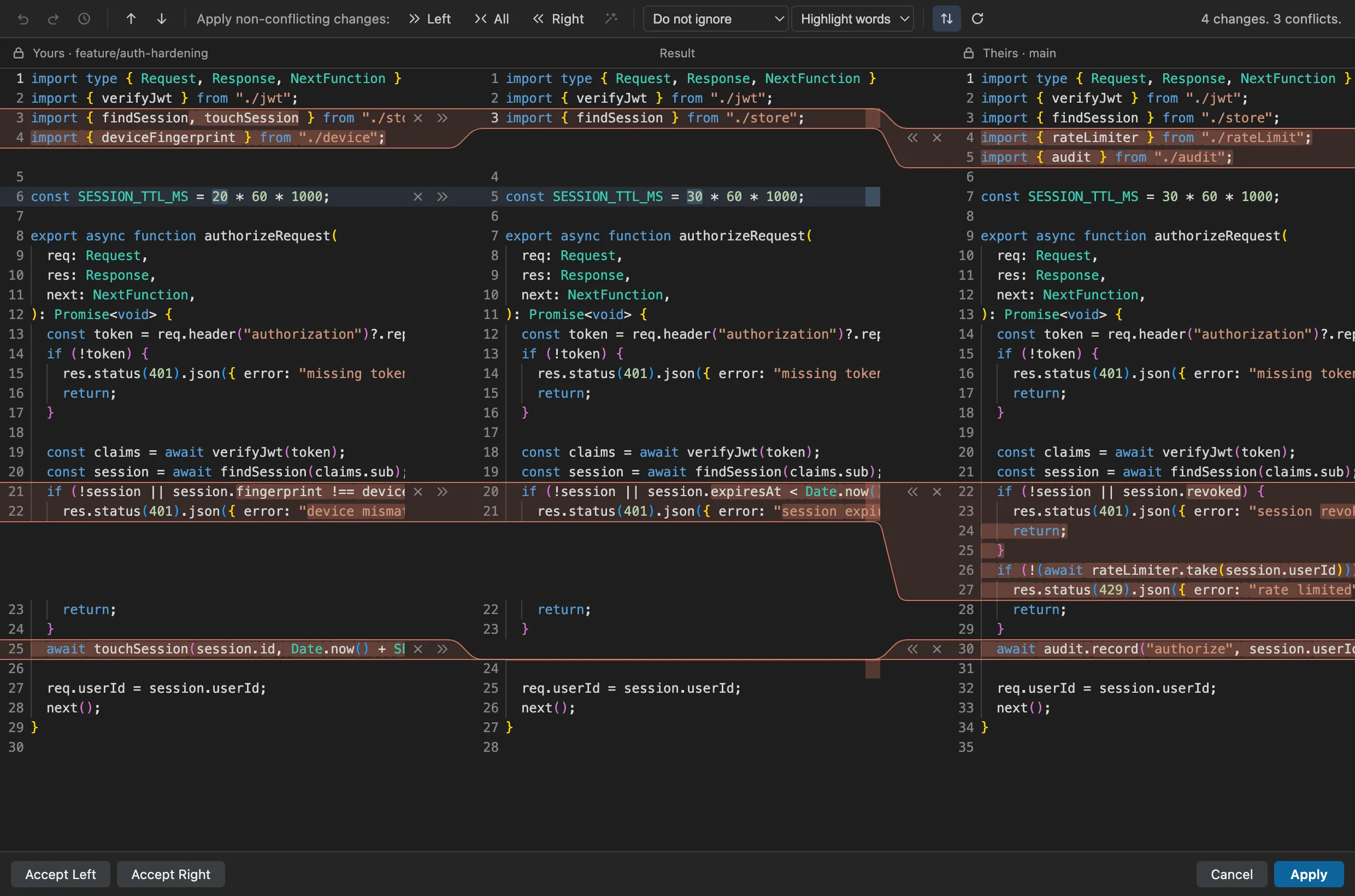 The three-pane merge editor resolving conflicts in an auth module: yours, result, and theirs, with accept controls between the panes